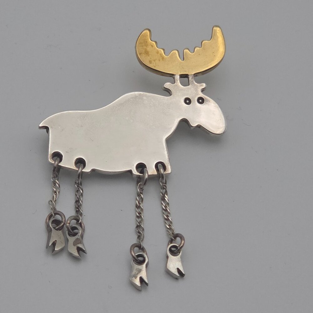 Vintage Charming Moose Brooch – Sterling Silver & Brass, 1990s